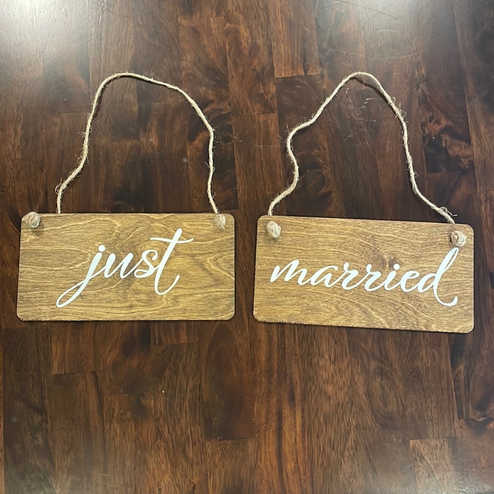 ‘Just Married’ Wood Signs - Wedding Decor, Elopement Backpack Signs